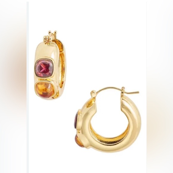 NWT Lizzie Fortunato Piet Stone Hoop Earrings Gold Citrine Pink - Picture 1 of 3